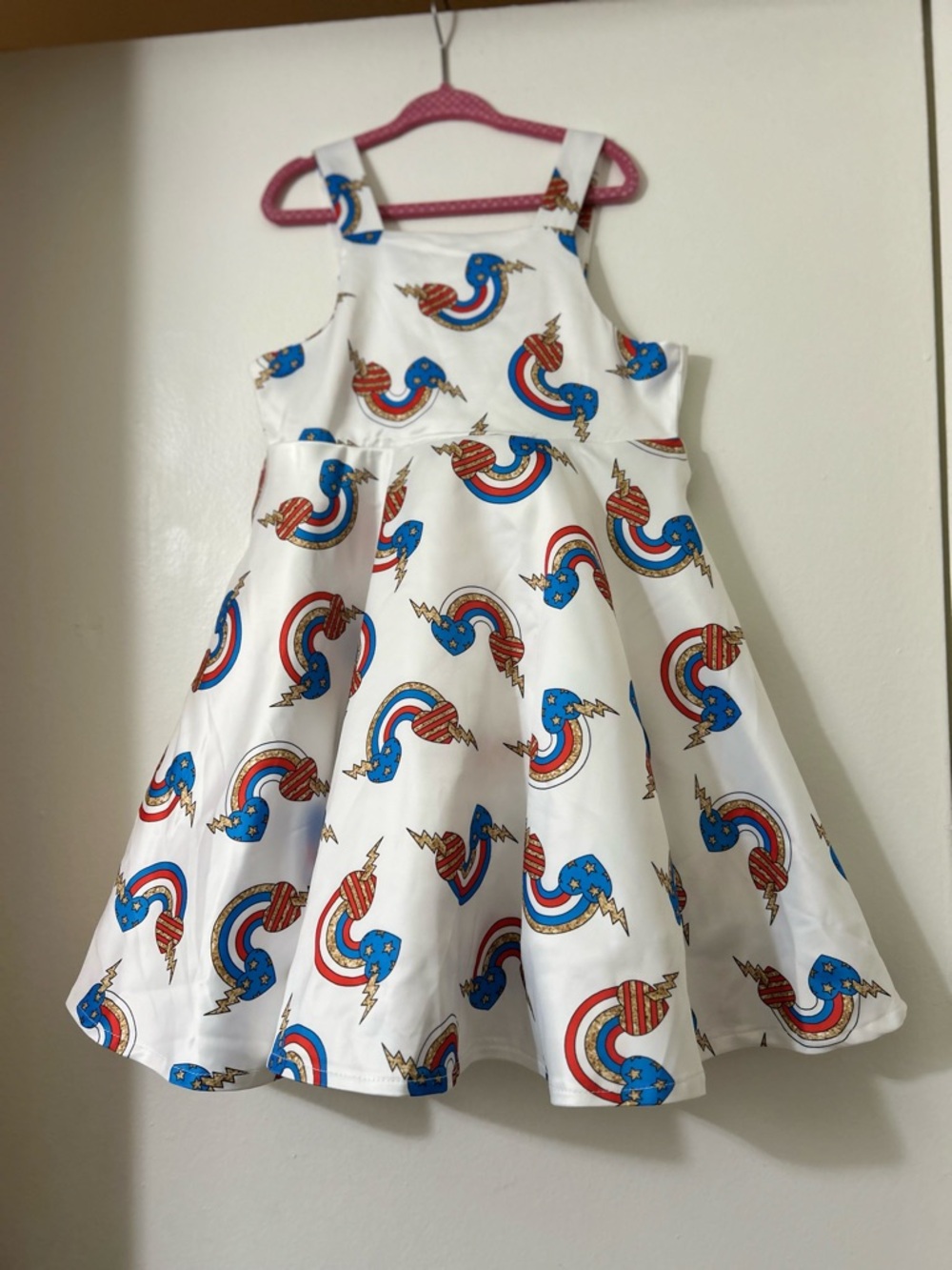 Lola + The Boys White Dress with Red & Blue Rainbow Lightning Print 4y